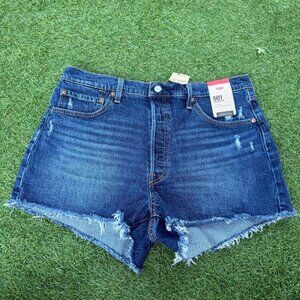 Levis 501 High Rise Dark Wash Distressed Frayed Denim Shorts Size 34 Womenswear